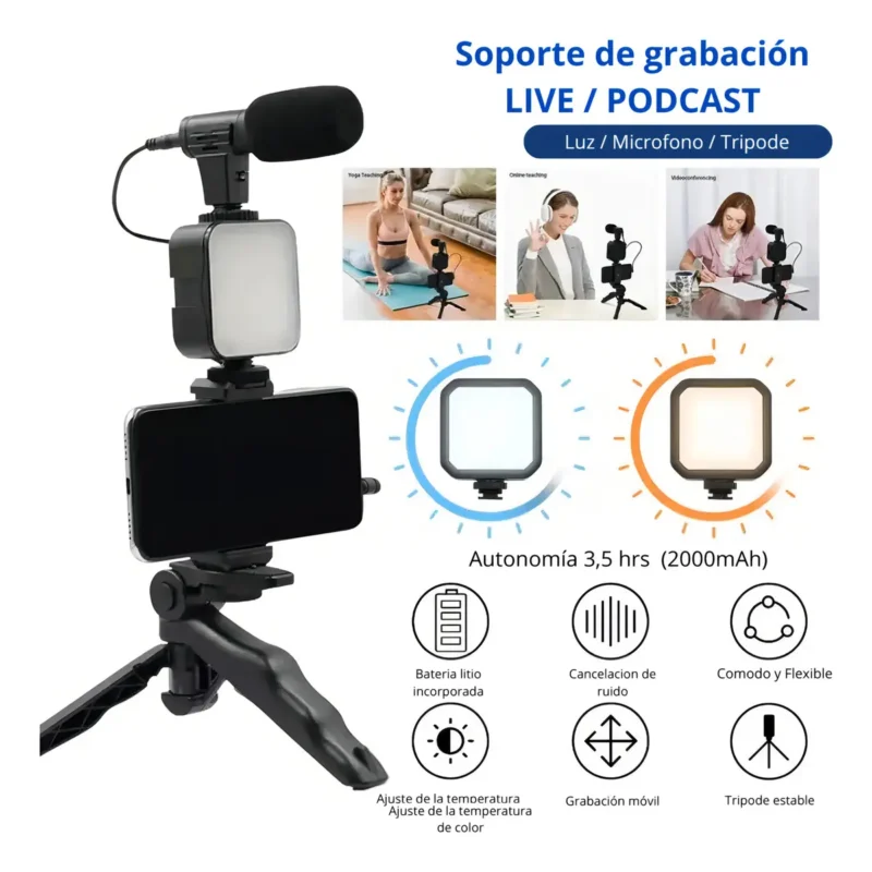Kit de Grabación para Celular 5 en 1 con Luz LED y Trípode